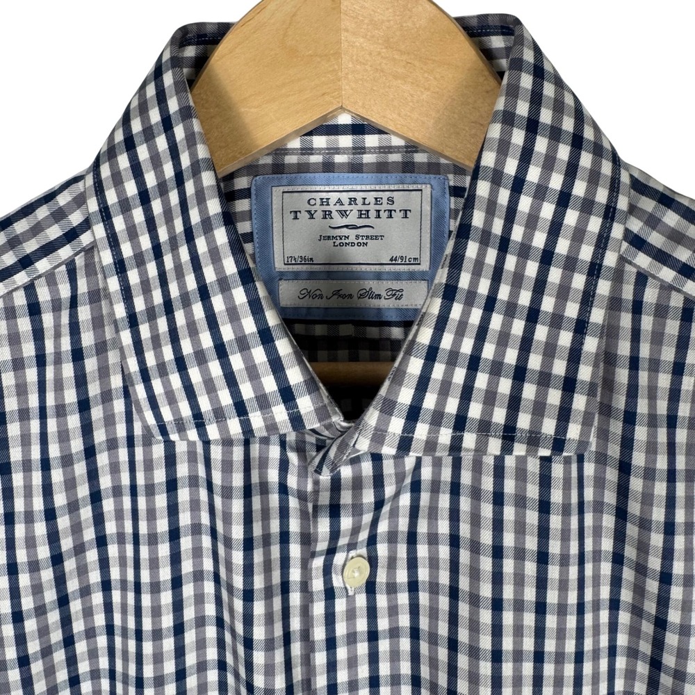 Charles Tyrwhitt Mens 17.5/36 Non Iron Slim Fit Dress Shirt Navy Grey Check